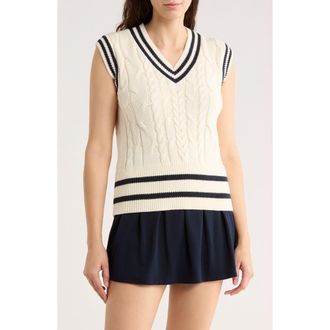Bobeau Cable Knit Sweater Vest in Cream/Navy at Nordstrom Rack, Size X-Large
