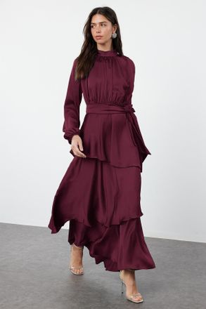 Trendyol Modest Dames Bruin Effen Maxi Lang Stijlvol/Avond Skater Modest Avond Jurken