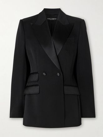 Dolce & Gabbana Blazer In Twill Di Misto Lana Con Finiture In Raso Di Seta - Nero