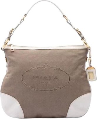 Prada Pre-owned Canvas Shoulder Bag - Dames - Vintage Schoudertas - Beige - ONE Size - Leer - Vintage