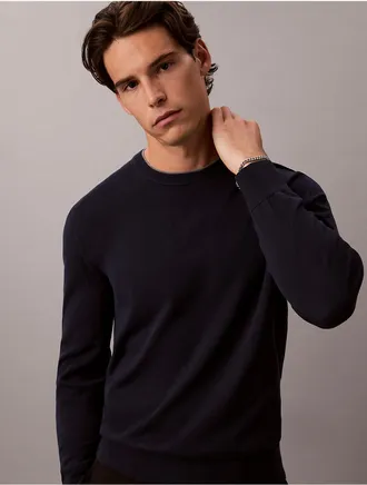 Calvin Klein Mens Supima Cotton Double Collar Crewneck Sweater - Blue - 2XL