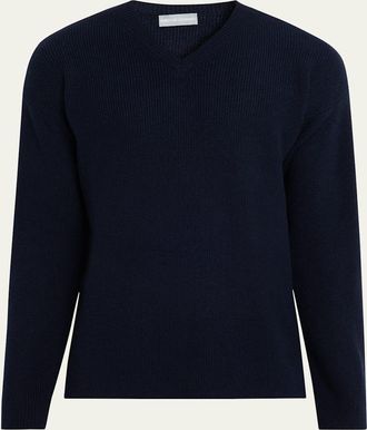 Bergdorf Goodman Mens Cashmere and Wool Rib V-Neck Sweater