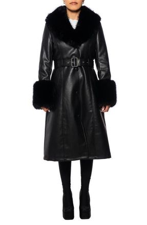 Azalea Wang Belted Faux Leather Trench Coat with Faux Fur Trim in Black at Nordstrom, Size Large