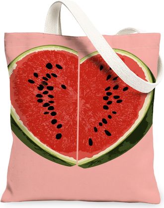 Generic Watermelon Heart Canvas Tote Bag, Cute Fruit Pattern Reusable Grocery Bags, Summer Lightweight Washable Shoulder Strap Canv, Peach, 13x15 Inch