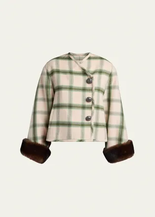 Valentino Garavani Interferenze Shearling-Cuff Plaid Jacket
