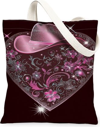 Generic Heart Floral Canvas Tote Bags, Flower Pattern Reusable Grocery Bags, Vintage Elegant Lightweight Washable Shoulder Strap Ca, Black, 13x15 Inch