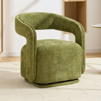 Direct Wicker Chenille 360 Degrees Swivel Armchair with Fabric Covered Wooden Base in Green | Size: 1 Pack