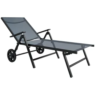 OUTSUNNY Folding Sun Lounger w/ Wheels - 5-Position Adjustable Sunbed - Grey | TJ Hughes
