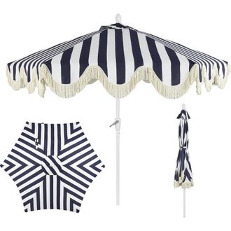 Jonathan Y Designs Collins 9 ft. Classic Cottage Fringe Tassel Market Patio Umbrella with Auto-Tilt Crank in Navy/white - White Pole at Nordstrom