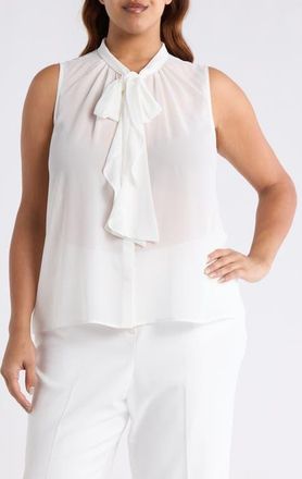 Tahari by ASL Ruffle Tie Sleeveless Chiffon Top in Ivory at Nordstrom, Size 1X