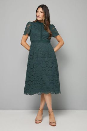Wallis Womens High Neck Lace Fit And Flare Midi Dress - Forest Green Cotton - Size 10 UK