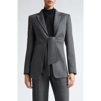 Max Mara Monia Tie Front Herringbone Jersey Blazer in Dark Grey at Nordstrom, Size 6