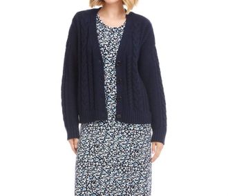 Karen Kane Cable Knit Cardigan Sweater In Navy