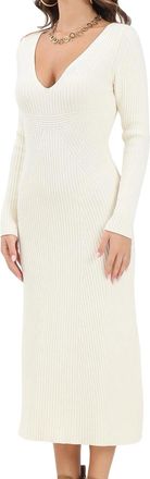 Akep Ribbed Knit Dress With Deep V-Neckline And Flared Hem