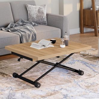 IDMarket Altura 100-160 Cm Madera Y Negro Mesa De Centro De Dise&ntilde;o Industrial, Extensible Y Convertible En Mesa De Comedor Rectangular