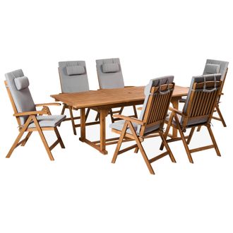 Beliani Conjunto De Comedor Exterior 6 Plazas De Madera De Acacia Plegable Con Cojines Gris Claro Java Premium