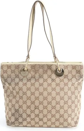 Gucci Gg Canvas Beige Gg Canvas Leather Handbag Tote Bag (Pre-Owned)