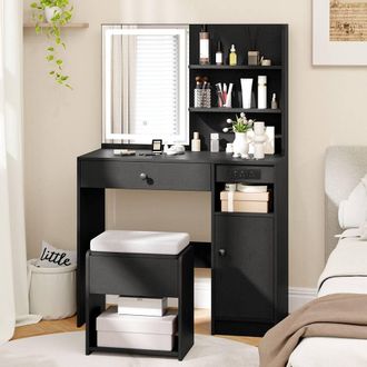Costway Costway Wooden Vanity Desk w/ Stool Makeup Dressing Table w/Mirror & Lights in Black