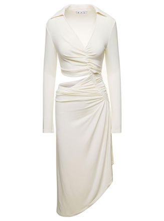 Off-white White Midi Dress With Cut And Gathering Details In Viscose Stretch Woman