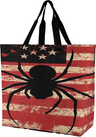 Generic Spiders Animal U.S. Flag Reusable Shopping Bags Large Capacity Grocery Bag Heavy Duty Tote for Women 40x40x16cm