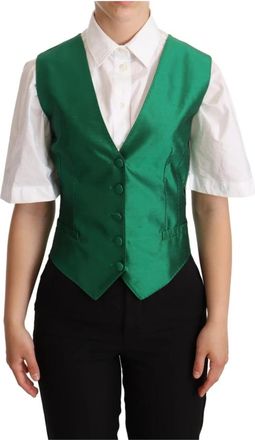 Dolce & Gabbana Silk Satin Sleeveless Waistcoat - Dames - Gillet - Groen - S - Leer - Kostuums