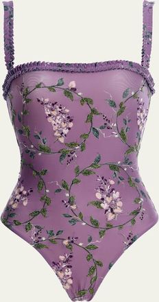 Agua Bendita Limon Wisteria Hand-Embroidered One-Piece Swimsuit