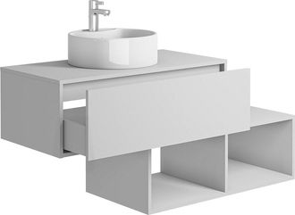 Vente-Unique Mueble de ba&ntilde;o flotante blanco con lavabo redondo - 1 caj&oacute;n y 2 estantes - 94 cm - TEANA II