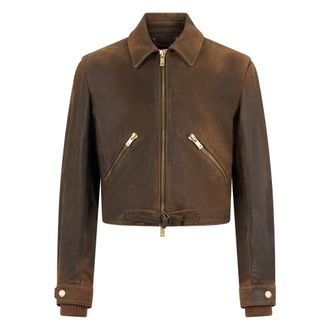 Golden Goose Leather Jackets, female, Brown, Size: 2XS Cropped Leather Biker Jacket