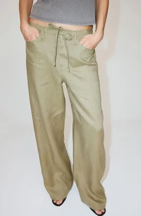 Mango Bow Linen Pants in Khaki Green at Nordstrom, Size 4