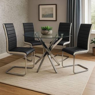 Kosy Koala Round Glass Dining Table Set With 4 White & Black Chairs