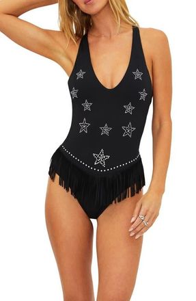Beach Riot Juliana Embellished Fringe One-Piece Swimsuit in Black at Nordstrom, Size X-Large