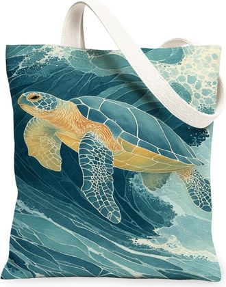 Generic Turtle Canvas Tote Bags, Marine Life Pattern Reusable Grocery Bags, Summer Lightweight Washable Shoulder Strap Canvas for T, Blue, 13x15 Inch