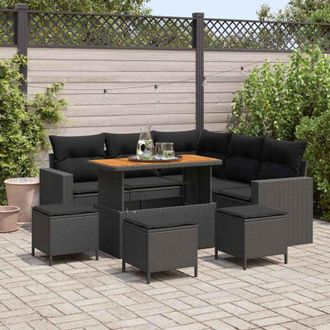 vidaXL Conjunto De Sof&aacute; De Jard&iacute;n 9 Pcs Negro Rat&aacute;n Sint&eacute;tico