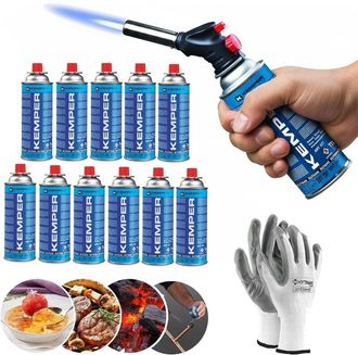 Kemper Kit Soplete De Gas Piezo Con 12 Cartuchos Butano Kemper 190g + 1 Pares De Guantes De Regalo Soldadura, Cocina, Camping, Reparaciones, Llama Ajustable,