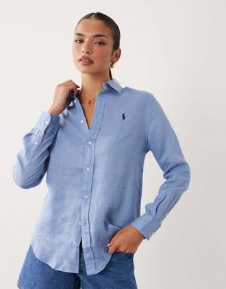Polo Ralph Lauren Icon - Camicia vestibilit&agrave; classica in lino blu medio con logo