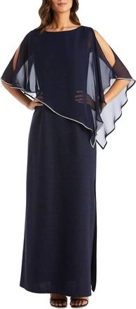 R & M Richards Sheer Cape Long Evening Dress In Navy