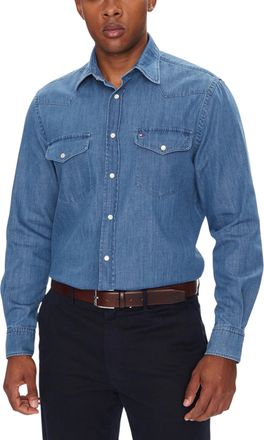 Tommy Hilfiger Mens Long Sleeve Button-up Shirt With Front Pockets - Light Blue Cotton - Size X-Small