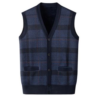 Generic Mens Plaid Knitted Wool Vest, Button-Up Sleeveless Sweater, Warm Thermal Winter Waistcoat, Classic V-Neck Knitted Gilet for Men, Soft Woolen Sleeveles