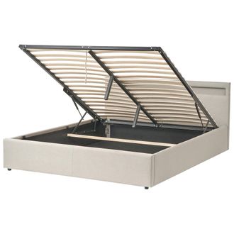 Beliani Cama Con Almacenaje Somier De L&aacute;minas Tapizado De Tela 160 X 200 Cm Luces Led Multicolores Beige Armelle