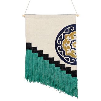 Beliani Decoraci&oacute;n De Pared De Algod&oacute;n Beige Negro Verde 56 X 80 Cm A Mano Borlas Nowshera