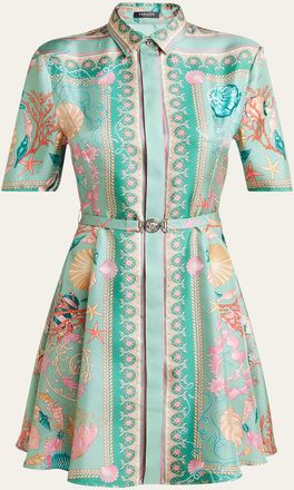 Versace Underwater Barocco Foulard Belted Silk Twill Dress