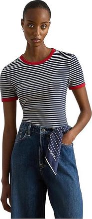 Lauren Ralph Lauren Striped Stretch Cotton T-Shirts Womens Clothing Refined Navy/Mascarpone Cream : XS, Cotton/Elastane