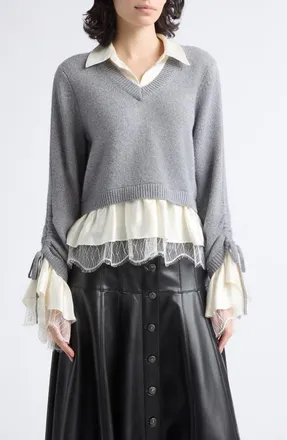 Cinq &agrave; Sept Milla Layered Pullover in Heather Grey/ivory at Nordstrom, Size Xx-Small