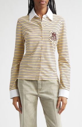 Stella McCartney Embroidered Crest Fancy Stripe Long Sleeve Button-Up Polo in Yellow Multi Stripe at Nordstrom, Size X-Small