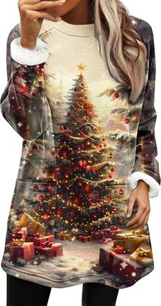 Generic Christmas Jumpers for Women Funny Santa Claus Print Xmas Jumper Fleece Lined Winter Warm Fluffy Sweatshirts Lovely Teddy Bear Graphic Tops Fuzzy Pullo
