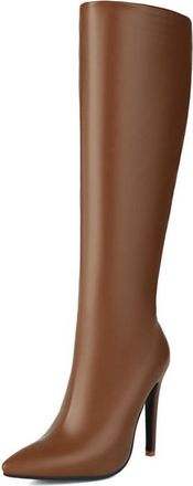 Generic Womens Fashion Knee High Boots Wide Calf with Side Zipper Pointed Toe Stiletto High Heel Pumps Wedding Office Shoes (Brown,5.5)