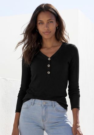 Lascana Langarmshirt LASCANA mit kurzer Knopfleiste, Damen, Gr. 32/34, schwarz, Rippware, Obermaterial: 95% Viskose, 5% Elasthan, unifarben, bequem normal, V-