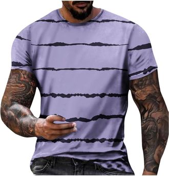 Generic Mens Crewneck Striped T-Shirt Horizontal Stripe Short Sleeve Shirts Basic Tees Soft Blouse 2025 Fashion Casual Tops Camisetas Hombre(Purple, M)