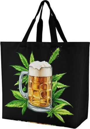Generic Beer And Weeds Tote Bag Reusable Grocery Shopping Bags Large Travel One Shoulder Handbag for Picnic Work