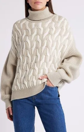 BOSS Ferdolia Two-Tone Cable Stitch Virgin Wool Turtleneck Sweater in Dried Sage Interlock at Nordstrom Rack, Size X-Large